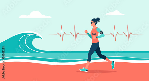 Woman running on beach with heartbeat line and ocean wave, healthy lifestyle concept