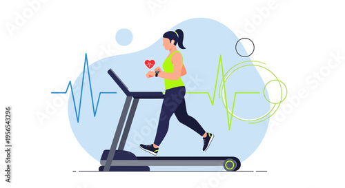 Woman running on treadmill with heart rate monitor and ECG graph, fitness and health concept