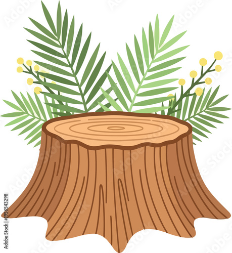 Tree stump with green fern leaves and yellow flowers isolated on white background vector illustration