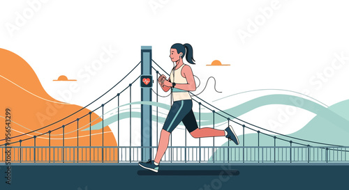 Woman running on treadmill with bridge and mountains background, fitness tracker on wrist