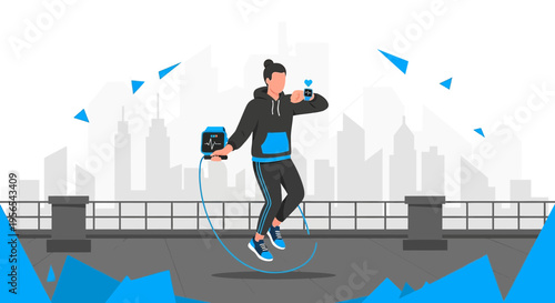 Woman jumping rope outdoors with smart watch and fitness tracker