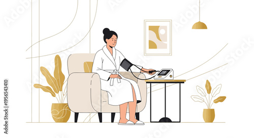 Woman measuring blood pressure at home with digital monitor, comfortable setting