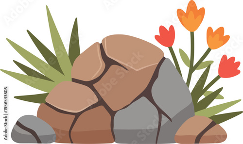Cartoon rock formation with green plants and orange flowers isolated on white background