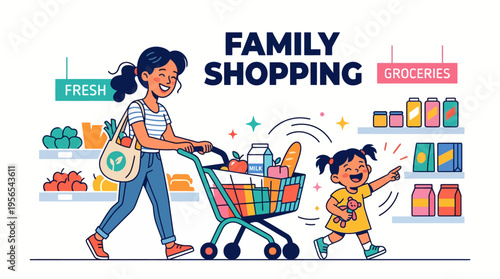 Happy mother and daughter enjoying grocery shopping at a supermarket, filling a cart with fresh food and products