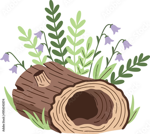 Vector illustration of hollow log with wildflowers and green foliage in spring forest setting