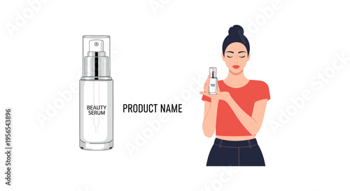 Woman holding beauty serum bottle in modern minimalist style with soft natural lighting for skincare advertising