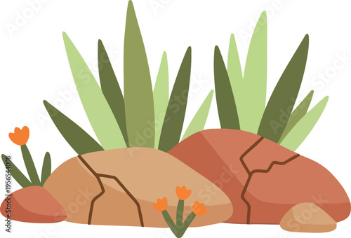 Desert Rocks and Succulent Plants Illustration with Wildflowers, Flat Vector Nature Clipart