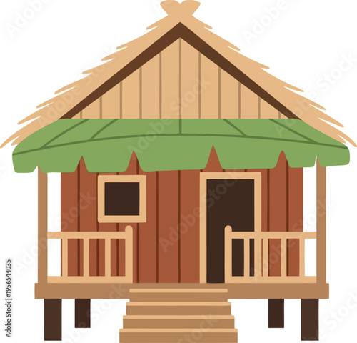 Rustic Wooden Hut with Thatch Roof Vector Illustration for Rural and Tropical Design Projects