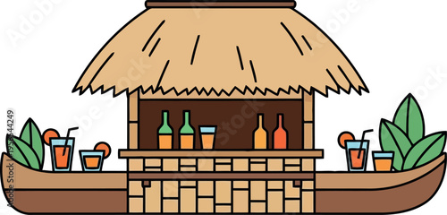 Tropical Tiki Bar Vector Illustration with Exotic Drinks and Bamboo Hut for Summer Party Designs