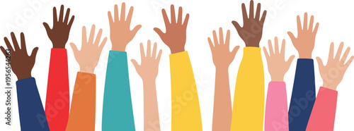 Diverse Raised Hands Showing Unity and Participation, Colorful Flat Design Diversity Concept vector illustration
