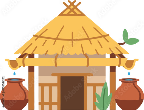 Traditional rural hut with thatched roof and clay pots, vector illustration for village lifestyle concepts
