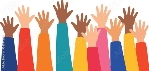 Diverse Raised Hands with Colorful Sleeves Showing Enthusiasm and Participation, Flat Design Community Engagement vector illustration

