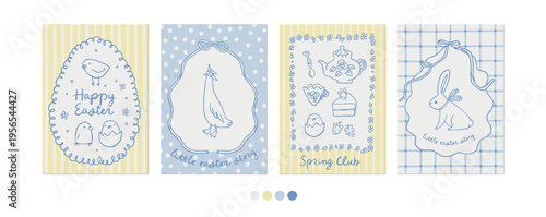 Cute whimsical Easter poster set. Bunny, chicks, eggs, soft blue and yellow pastel colors. Hand drawn line art doodles, vintage patterns. Perfect for greeting cards, nursery decor and seasonal design