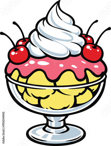 Classic Ice Cream Sundae with Whipped Cream and Cherries, Retro Cartoon Dessert vector illustration
