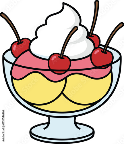 Classic Ice Cream Sundae with Whipped Cream and Red Cherries, Retro Cartoon Sweet Treat vector illustration
