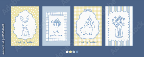 Cute whimsical Easter poster set. Bunny, chicks, eggs, soft blue and yellow pastel colors. Hand drawn line art doodles, vintage patterns. Perfect for greeting cards, nursery decor and seasonal design