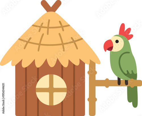 Colorful cartoon parrot perched on bamboo next to tropical hut with thatched roof vector illustration