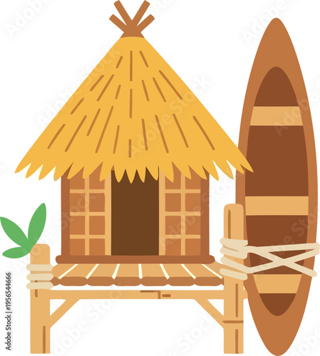 Tropical bamboo hut with thatched roof and canoe vector illustration for summer travel and vacation themes