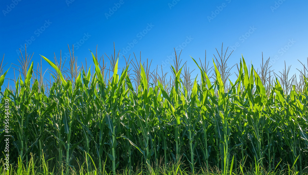 Obraz premium Green corn stalks grow tall in a sunny agricultural field under a clear blue sky. This healthy crop is ready for harvest, symbolizing nature and