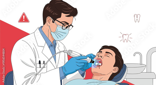 Dentist examining patient's teeth with modern equipment, dental care concept