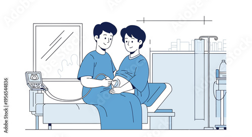 Couple in Hospital Room, Pregnant Woman Undergoing Ultrasound Examination with Partner Support