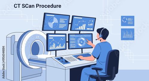 CT Scan Procedure: Doctor Monitors Patient Data on Multiple Screens in Control Room