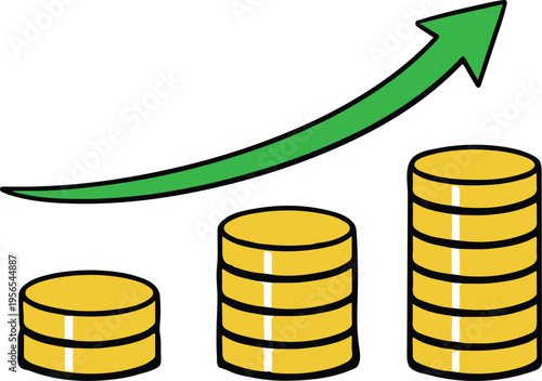 Golden Coin Stacks with Ascending Green Arrow Demonstrating Financial Growth, Flat Design Investment Success Chart vector illustration
