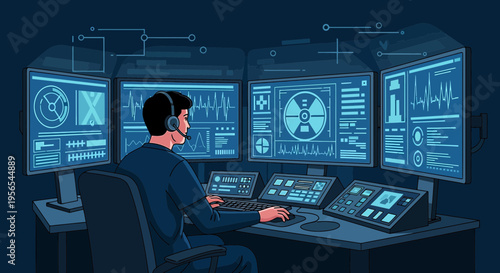 Cybersecurity Analyst Monitoring Multiple Screens in Dark Control Room