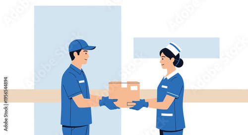 Delivery person hands medical package to nurse in hospital corridor