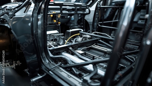 Detailed view of car's interior showing metal framework, parts, and engineering in assembly or maintenance.