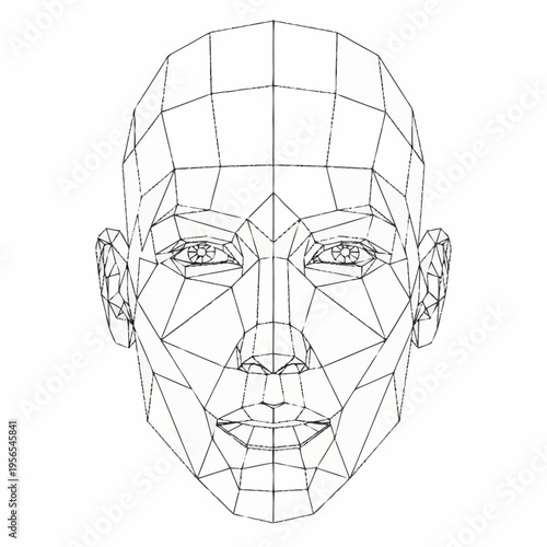 Abstract wireframe human face representing technology and artificial intelligence.
