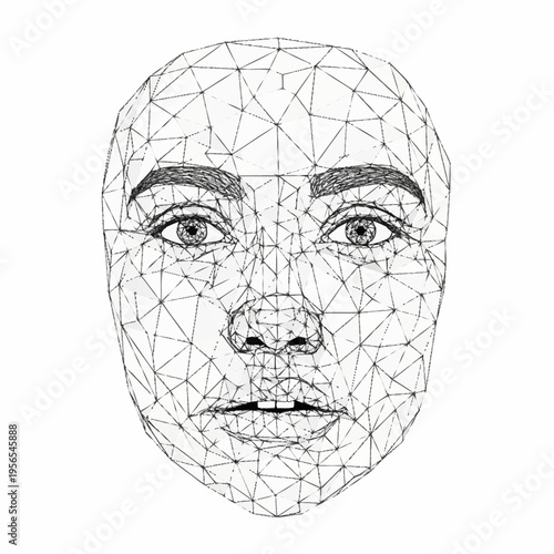 Digital human face mesh representing artificial intelligence and biometric recognition.