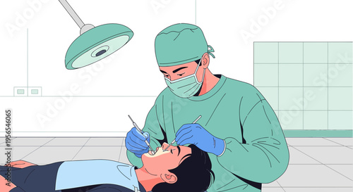 Dentist performing dental surgery on a patient under surgical lights in an operating room