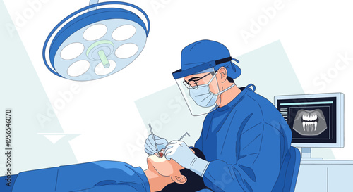 Dentist performing dental surgery under surgical light with X-ray on screen