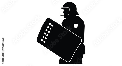 Riot police officer with shield depicted in stark black silhouette