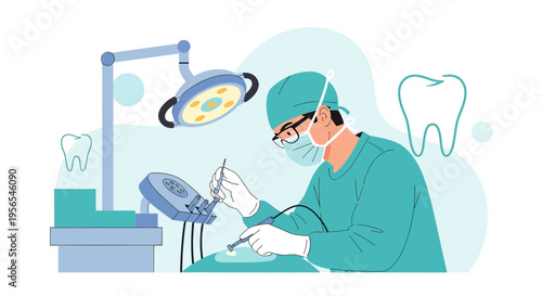 Dentist Performing Dental Surgery with Modern Equipment and Tooth Illustration