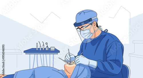 Dentist performing dental surgery with patient in chair, modern dental clinic