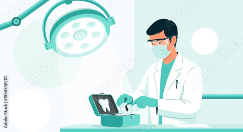 Dentist in Surgical Gear Prepares for Dental Procedure with Tools and Tooth Model