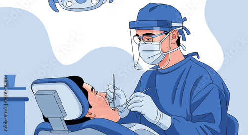 Dentist in Protective Gear Examining Patient's Teeth with Dental Tools