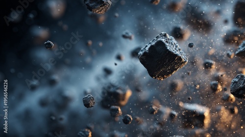 Macro 3D visualization of airborne particles in cool light, dynamic floating debris with depth and detail