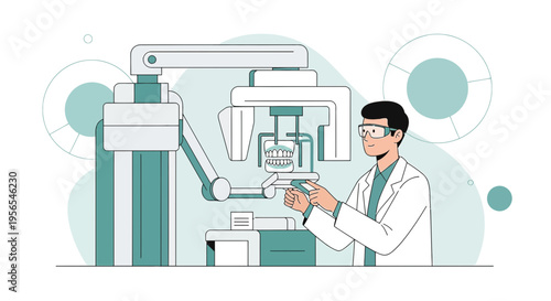 Dentist operating advanced dental X-ray machine for patient's 3D scan