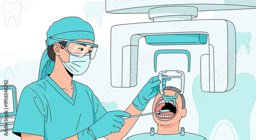 Dentist operating dental X-ray machine on patient for teeth examination