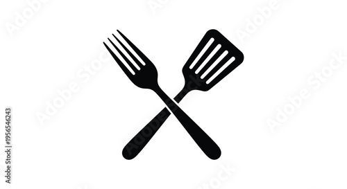 Black kitchen utensils crossed a fork and spatula silhouette