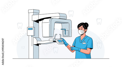 Dentist operating modern dental X-ray machine for patient's teeth scan, close-up