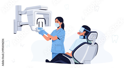 Dentist operating modern dental X-ray machine on patient in chair, digital imaging technology