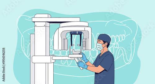 Dentist Operating Panoramic X-ray Machine for Dental Scan with Jaw X-ray Background
