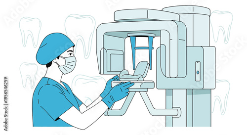 Dentist operating panoramic X-ray machine for dental imaging, with teeth illustration.