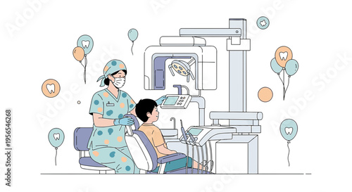 Dentist Operating X-Ray Machine for Child Patient in Modern Dental Clinic