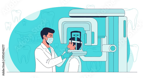 Dentist operating panoramic X-ray machine for patient's dental scan in clinic