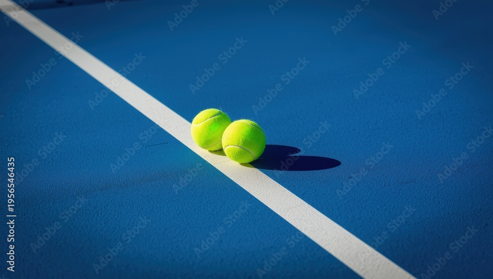 Fototapeta premium two balls beside the lines on a blue padel court, viewed from above